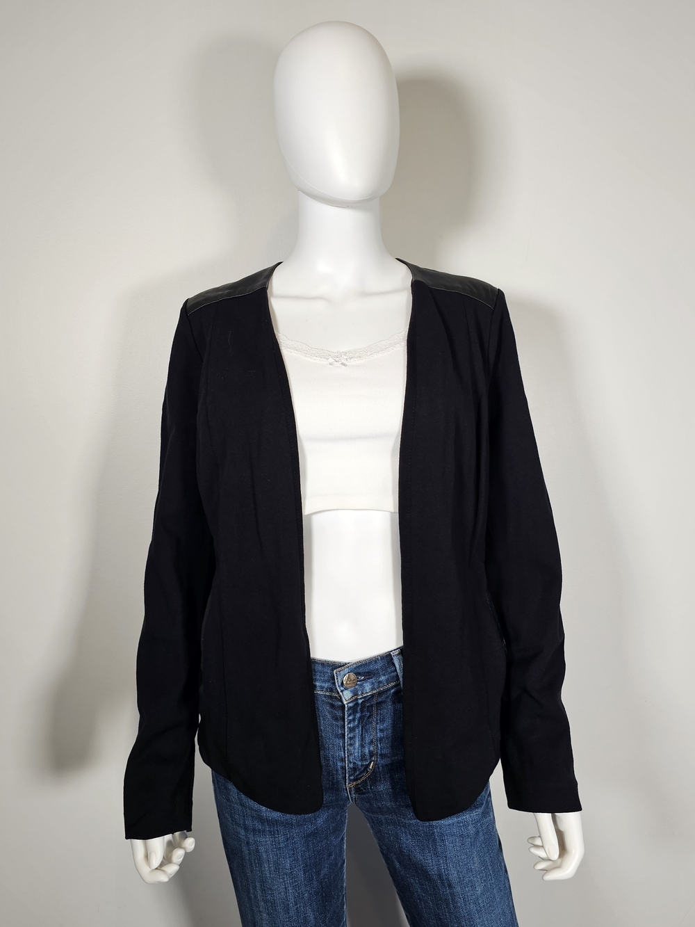 Eileen Fisher Black Open-Front Blazer with Leather Details Sz M